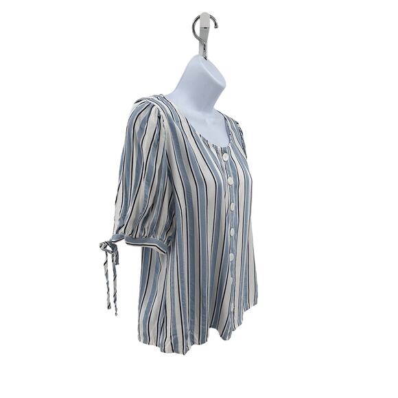 Vince Camuto Blue White Stripe Top Womens S Round Neck Button Front Short Sleeve - Picture 2 of 6